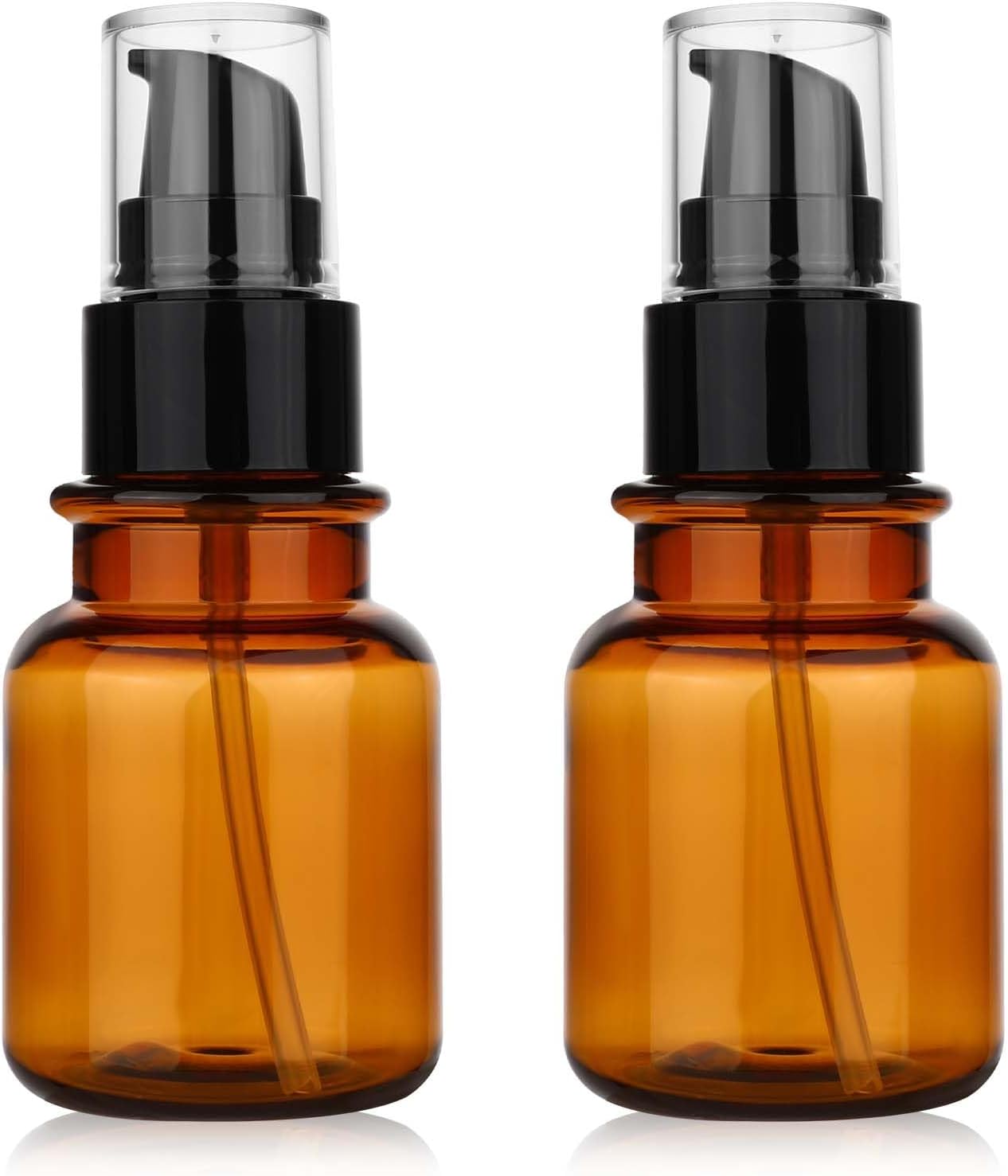 2PCS Amber Plastic Bottles with Pump 80ML/2.7OZ 50ML/1.7OZ Dispenser Refillable Cosmetic Remover Oil Container Makeup Case Storage Reusable Facial Care Vessel Emulsion Dispenser for Essence Body Wash