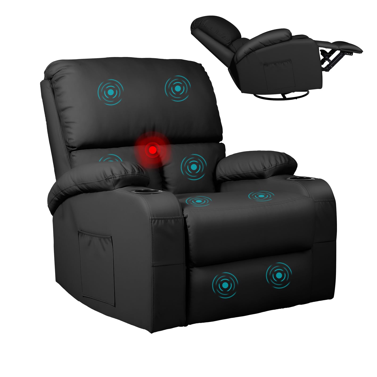 LEVELEVE Rocking Recliner Chair, Massage Rocker Recliner Chair with Vibration Massage and Heat, USB and Type-C Ports, 360° Swivel Faux Leather Chairs, Living Room, Bedroom, Nursery, RV, Black