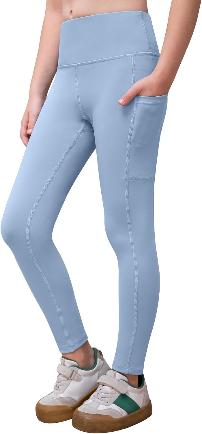 NORMOV Girls Leggings with Pockets, High Waisted Squat Proof Soft Athletic Yoga Pants for Tween Teen 5-15 Years