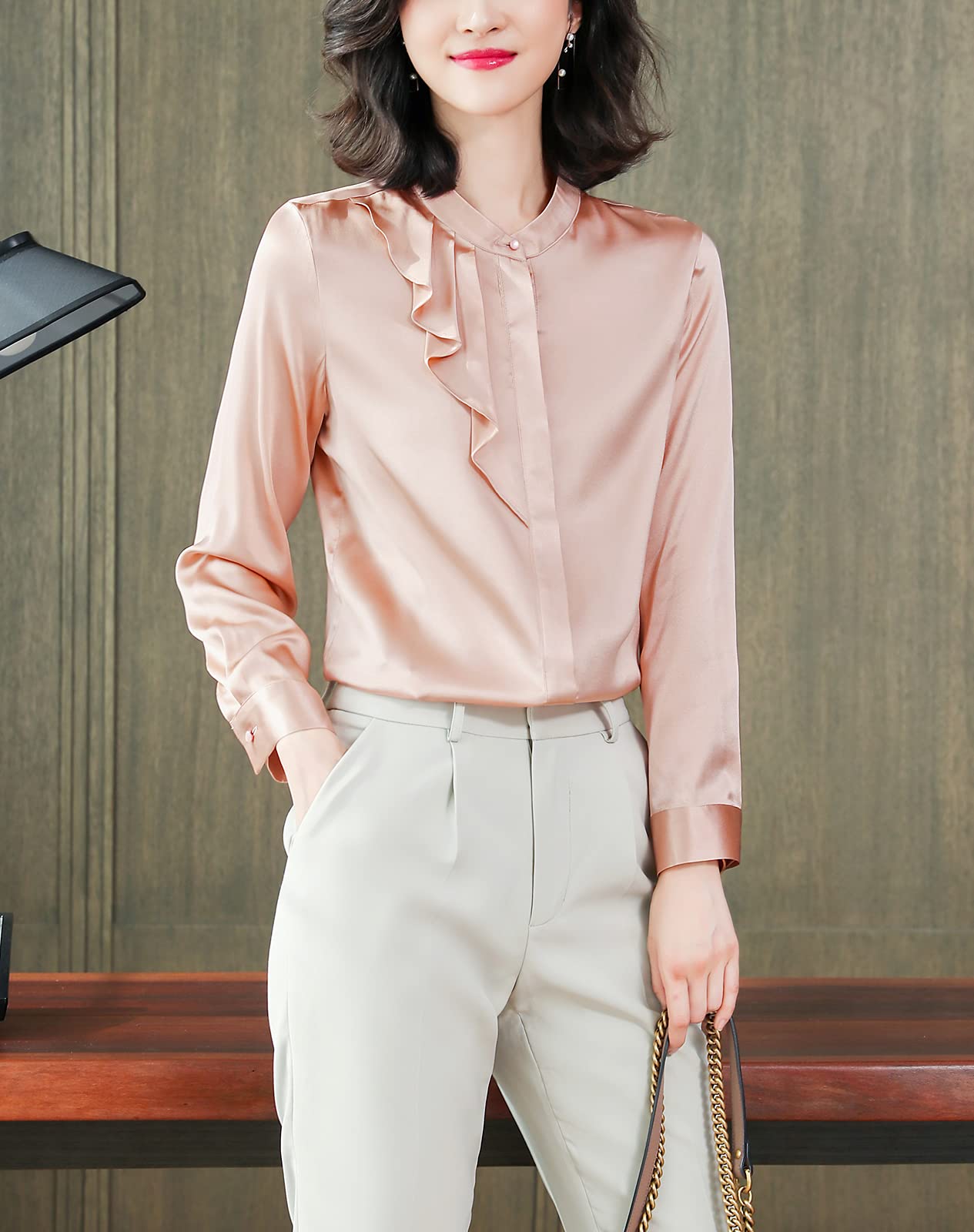 E-girl Blusa de seda para mujer, camisa de seda sólida, con botones, manga larga, cuello alto, blusa de seda, S6625