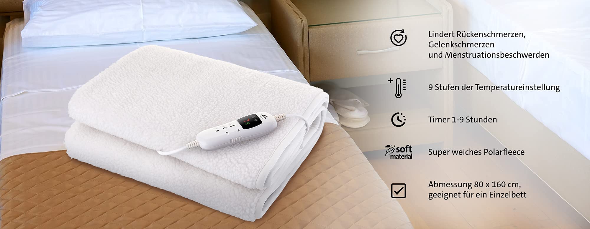 Heizdecke Shawn mit 9 Stufen der Temperatureinstellung - Abmessung 80x160 cm, Polar Fleece Material, Timer 1-9 Stunden