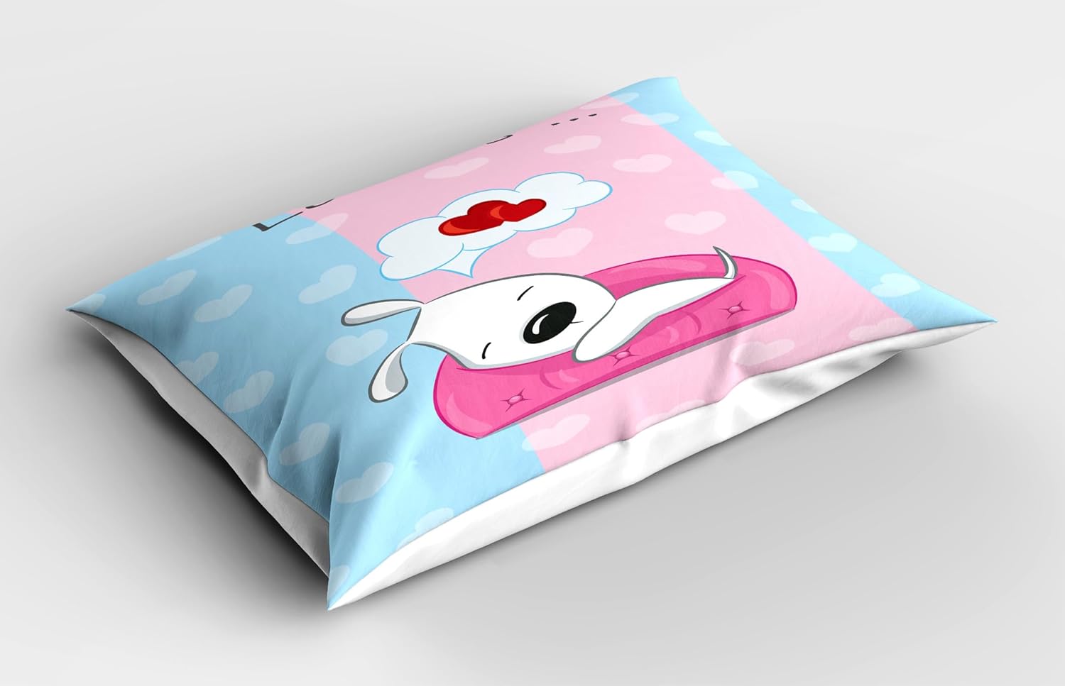 Ambesonne Dog Pillow Sham Set of 2, Puppy Dreaming on The Sofa Heart Background Valentine Theme Art, Quality Microfiber Bedding Item for All Seasons, 30" x 20", Blue Pink White