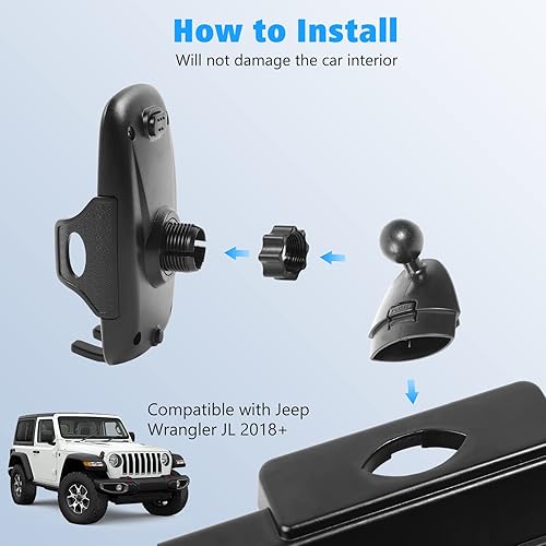 Miniatura 5 de JeCar Soporte de teléfono para tablero JL con bandeja de almacenamiento, accesorios interiores compatible con Jeep Wrangler JL JLU 2018-2023 y
