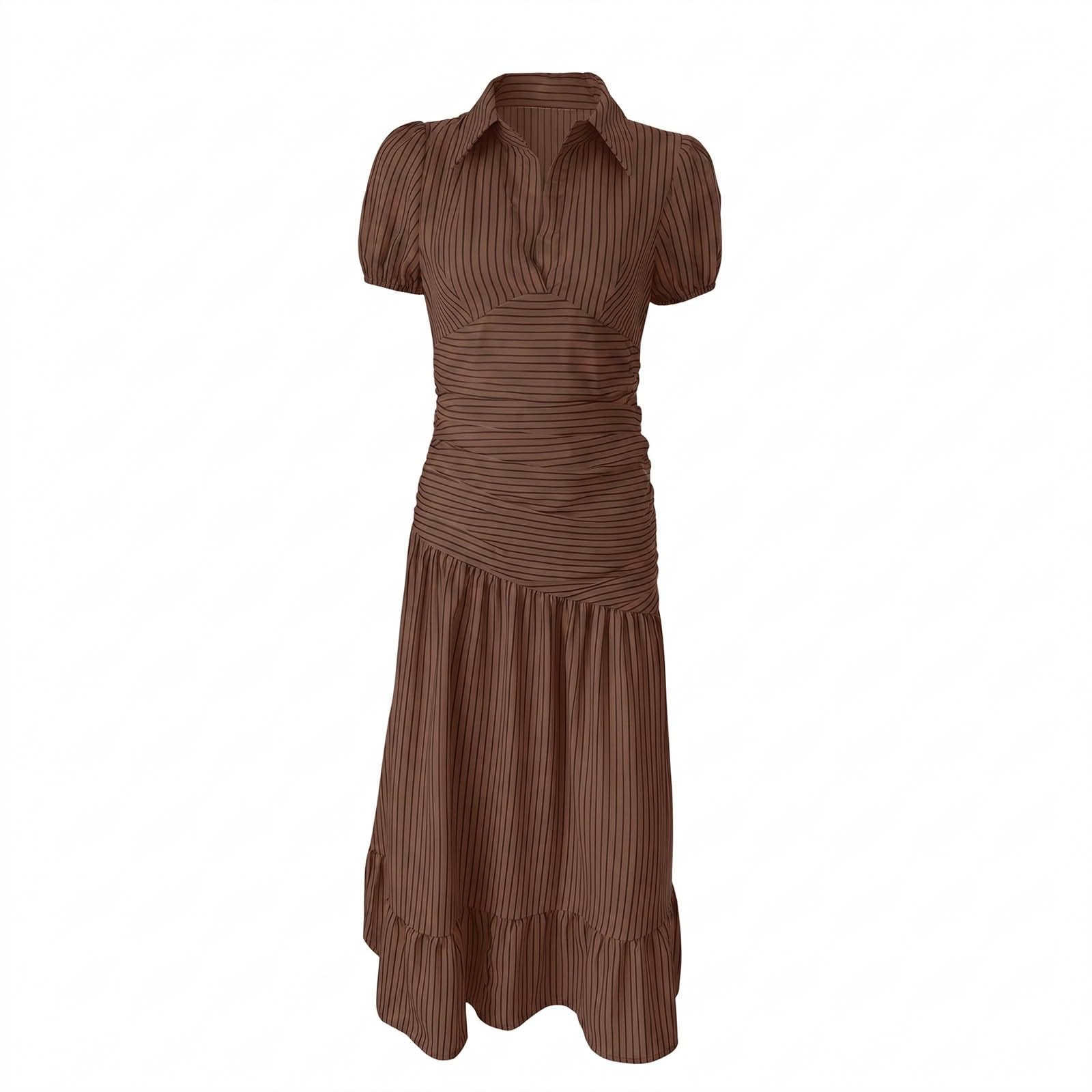Robe midi plissée en Satin, Moulante à Rayures, col Chemise, Manches Courtes, élégante pour Le Travail ou Un Rendez-Vous.