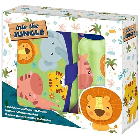 HOVUK 2Pk Into The Jungle 500ml Aluminum Water Bottle and Plastic Lunch Container Cover