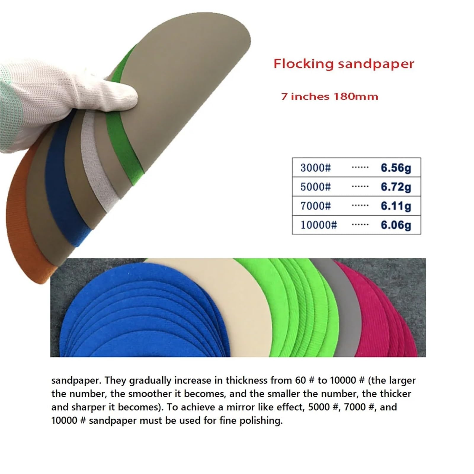 carta vetrata Foglio di carta vetrata floccaggio disco da 7 pollici 180 mm Smerigliatrice angolare Levigatura Lucidatura Autoadesiva grana 60-10000(20Pcs,80)