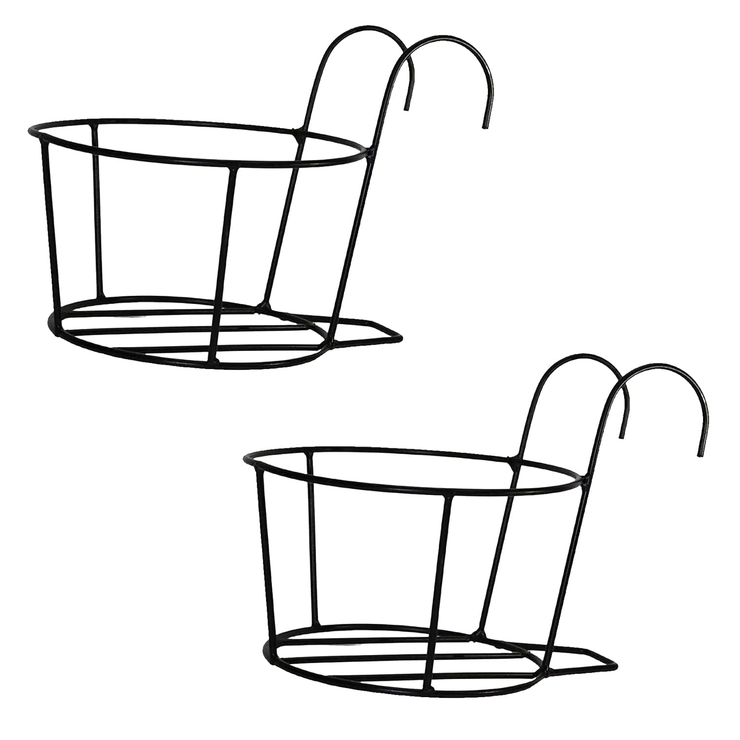 ORILEY Hanging Flower Pot Holder Round Balcony Plant Basket Railing Planter Iron Art Over The Rail Fence Potted Rack Decor for Orchid Deck Patio Ledge (Pack of 2)