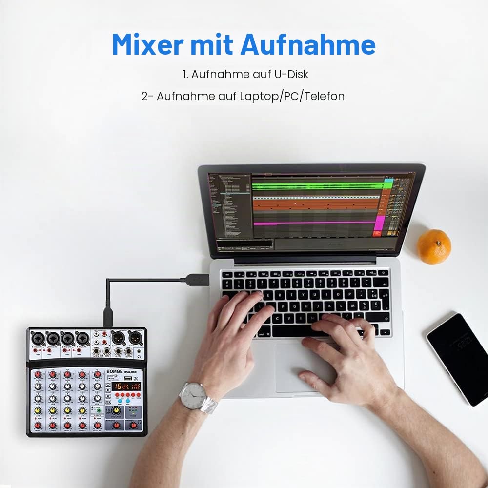 BOMGE Professionelles 6-Kanal 99DSP DJ-Audio-Mixer-Interface, Desktop-Karaoke-Mischpult mit MP3-Eingang, USB, Bluetooth-Eingang, Stereo-Aufnahme und 48-V-Phantomspeisung