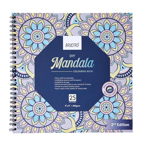 Image of Brustro DIY Mandala Colouring Book-2nd Edition| 25 Designs,160 GSM Paper,9x9 inch,Tear-Out Sheets | Ideal for Stress Relief & Mindfulness Art Book for Adults & Kids,Drawing,Mixed Media,Pens,Markers