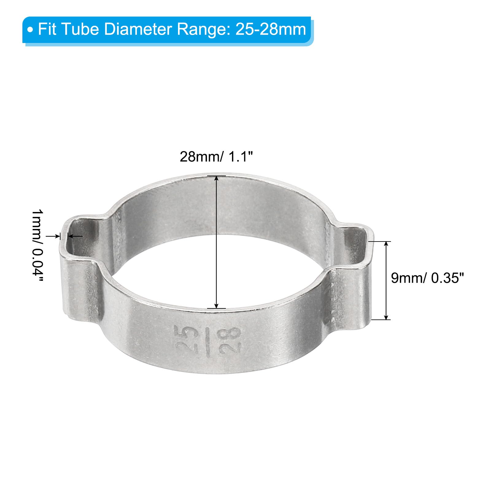 PATIKIL 10 Pack 25-28mm Double Ear Hose Clamp, 304 Stainless Steel O Clip Crimp Rings for Fuel Petrol Pipe Tube Fitting Connections, Silver Tone - Image 2