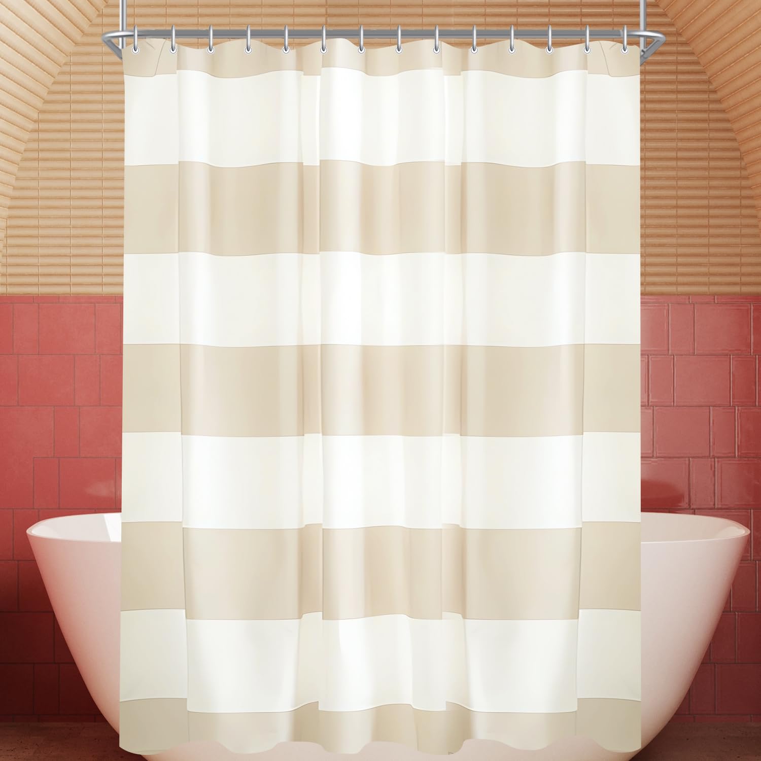 Lerores Shower Curtain, 190 x 180 cm, Beige Stripes, Weighted Hem, Anti-Mould Textile, Water-Repellent, Washable Polyester Bath Curtains with Eyelets and 12 Shower Curtain Rings for Bathroom, Bathtub