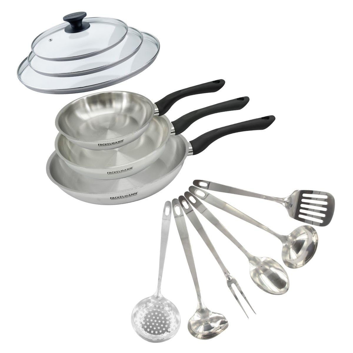 Fackelmann Set 3 poêles 20, 24 et 28 cm, couvercles et 6 ustensiles