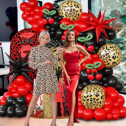 Image of Red Black Balloons Garland Arch Kit, 133pcs Green Cherry Black Red Explosion Star Foil Balloons, 4D Cheetah Print Mylar Balloons for Berry Themed Birthday Baby Shower Bachelorette Party Decorations
