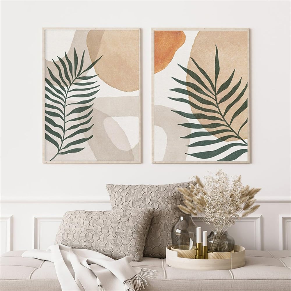 WBYZAC Set of 2-Abstract Geometric Warm Neutral Leaves Posters Minimalist Wall Art Canvas Painting Print Picture Artwork for Living Kitchen Office Room Decor-40 * 60cm (No Frame)