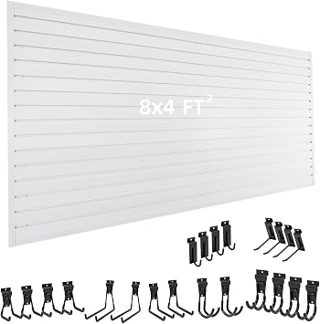 Slat Wall Paneling 4x8 with 22 Heavy Duty Garage Hooks, Slatwall Panel PVC Wall Panel White Slatwall Panels with Slatwall Hanging Hook