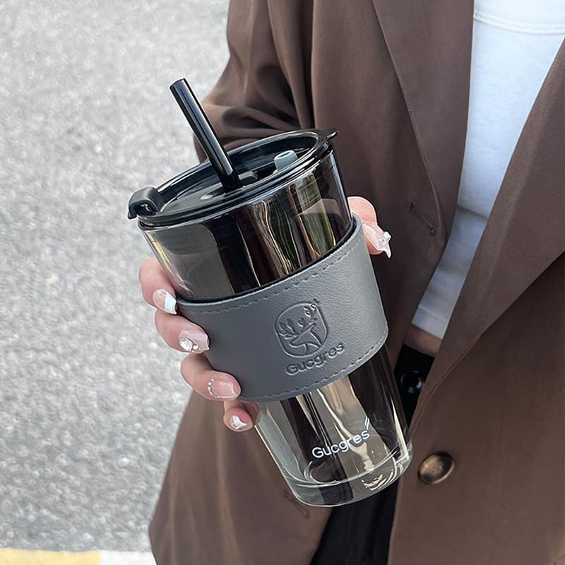 Image of 450ml Glass Tumbler with Lid & Straw - Reusable Iced Coffee Cup with Black Leather Sleeve, Leakproof Travel Sipper for Smoothies, Juice, Tea, Hot & Cold Beverages (Black) (Pack of 1)