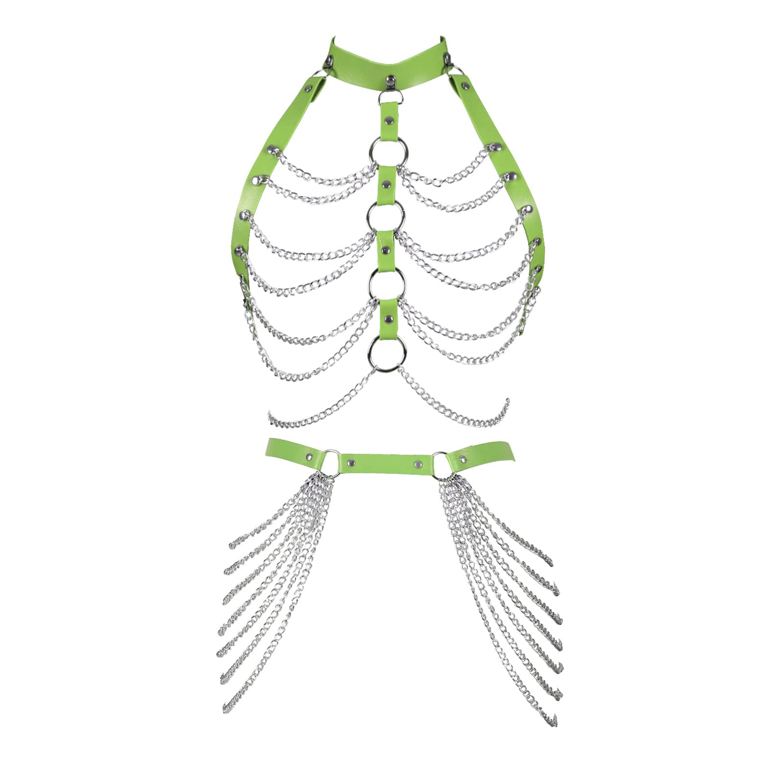 Punk warstwowe skórzane paski do pończoch z łańcuszkiem Zestaw uprzęży w klatce Choker Biustonosz Łańcuchy Gothic