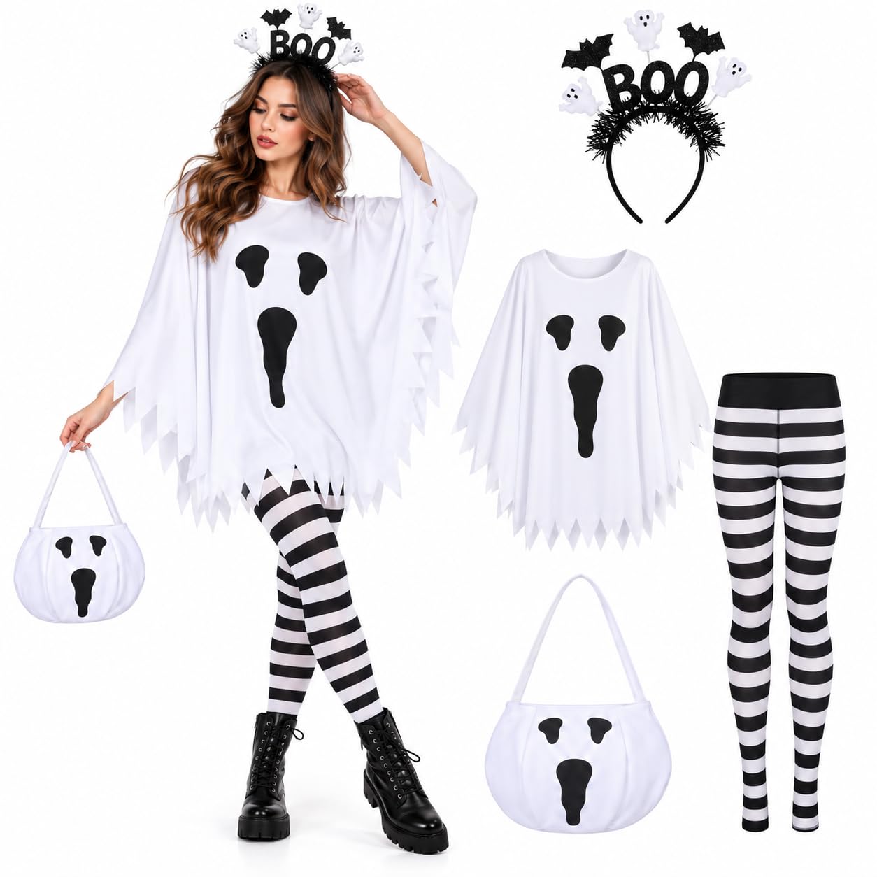 Generisch Halloween Kostüm Damen Geist Kostüm Gespenst Kostüme Erwachsene Horror 4-Teilig Geisterkostüm mit Umhang, Geistertasche, Boo-Haarreif & Geisterstrümpfen Für Halloween Karneval Party