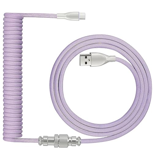 PXIRQ Coiled Keyboard Cable: 1.5M USB-C to USB-A Braided Cord with Detachable Aviator Connector, Durable & Tangle-Free for Custom & Mechanical Gaming Keyboards (Purple) - purple