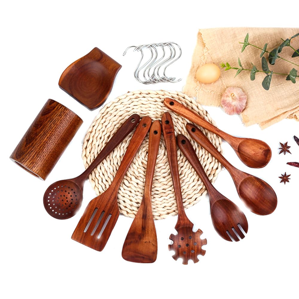 Premium Teak Set of 9 - Cooking Tools Wooden Kitchen Utensils Cookware Set Wood Kitchen Utensil Set - Wood Utensils for cooking - wooden spoons for cooking + hooks