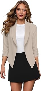 Hybrid & Company Ruched Sleeve Blazer | Lightweight fabric, open front silhouette, classic ruched sleeves, suitable for office, business casual, and everyday wear
