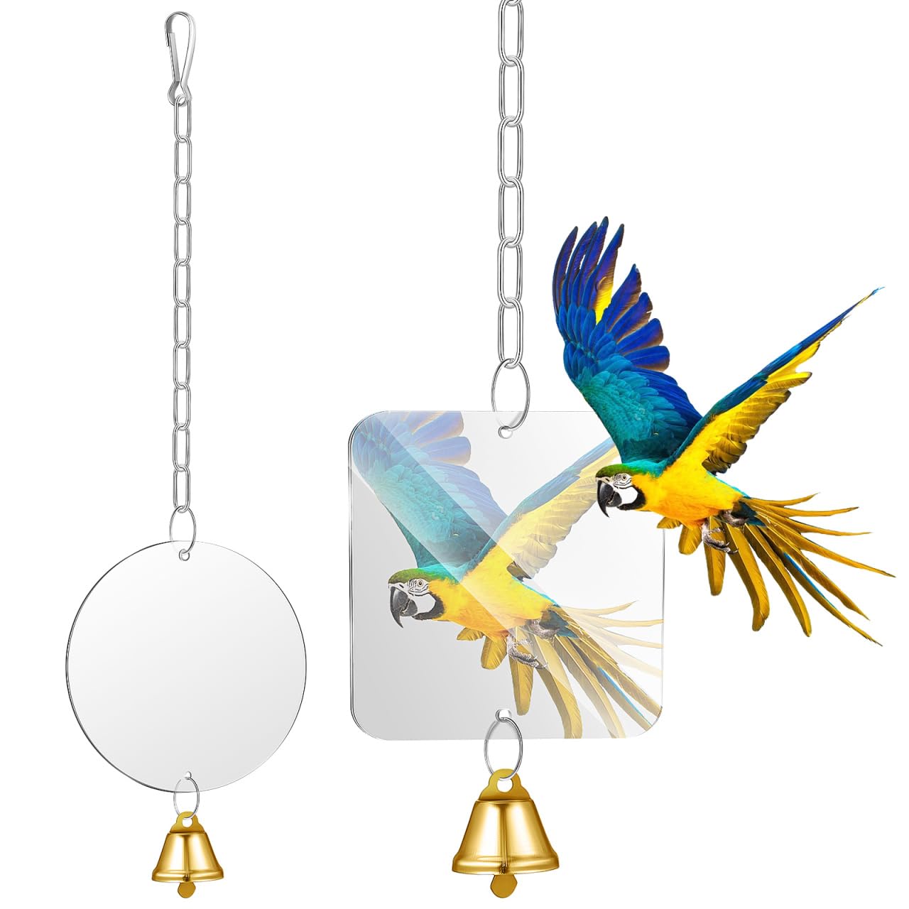 Happyyami Bird Mirror with Bell Hanging Toy for Parrot Cage Stainless Steel Chain Included Suitable for Budgies Cockatiels Conures and Small Birds