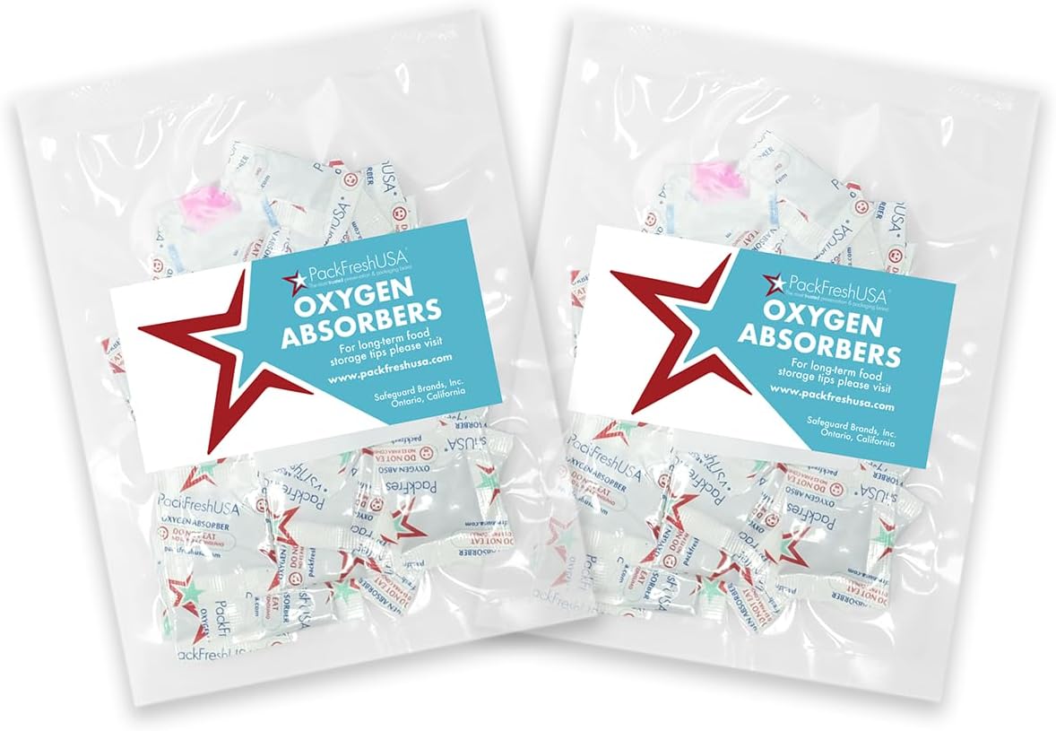Pacote com 100 - Packs de Absorvedores de Oxigênio 30cc - Grau Alimentício - Não Tóxico - Guia de Armazenamento de Alimentos de Longo Prazo Incluído