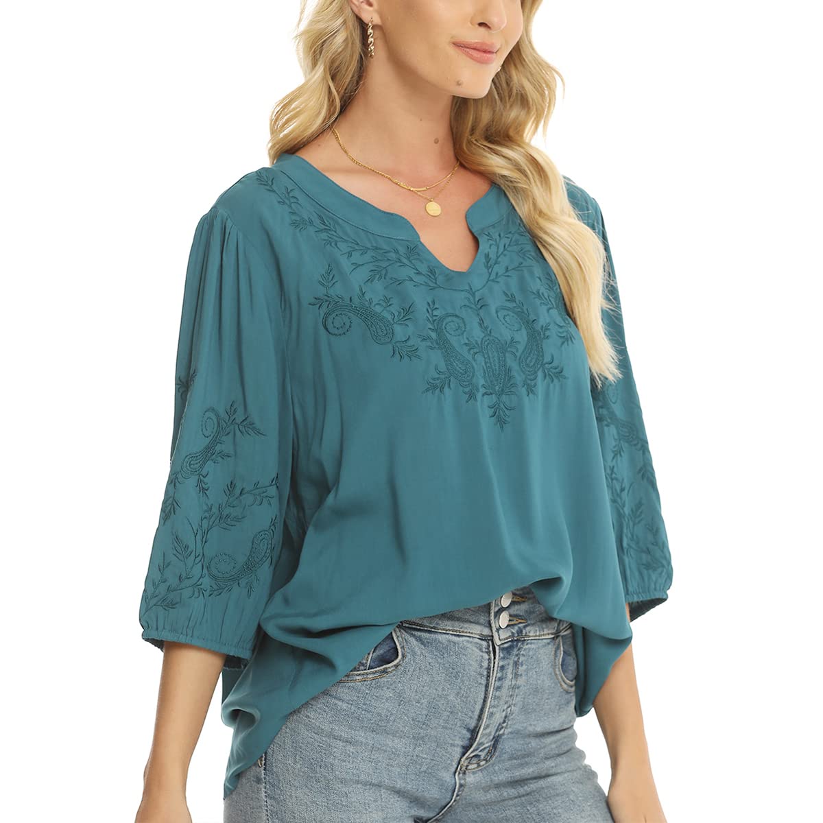 LauraKlein Blusas de verano para las mujeres Boho camisa blanca manga 3/4 bordado Top para Mexicano Floral Western wear, Azul / Patchwork, Small