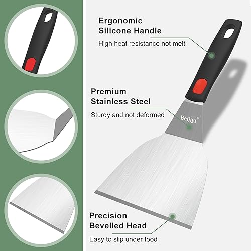 Miniatura 9 de Beijiyi Juego de espátulas de acero inoxidable, espátula de metal pequeña resistente para cocinar sartén de hierro fundido con mango de silicona,