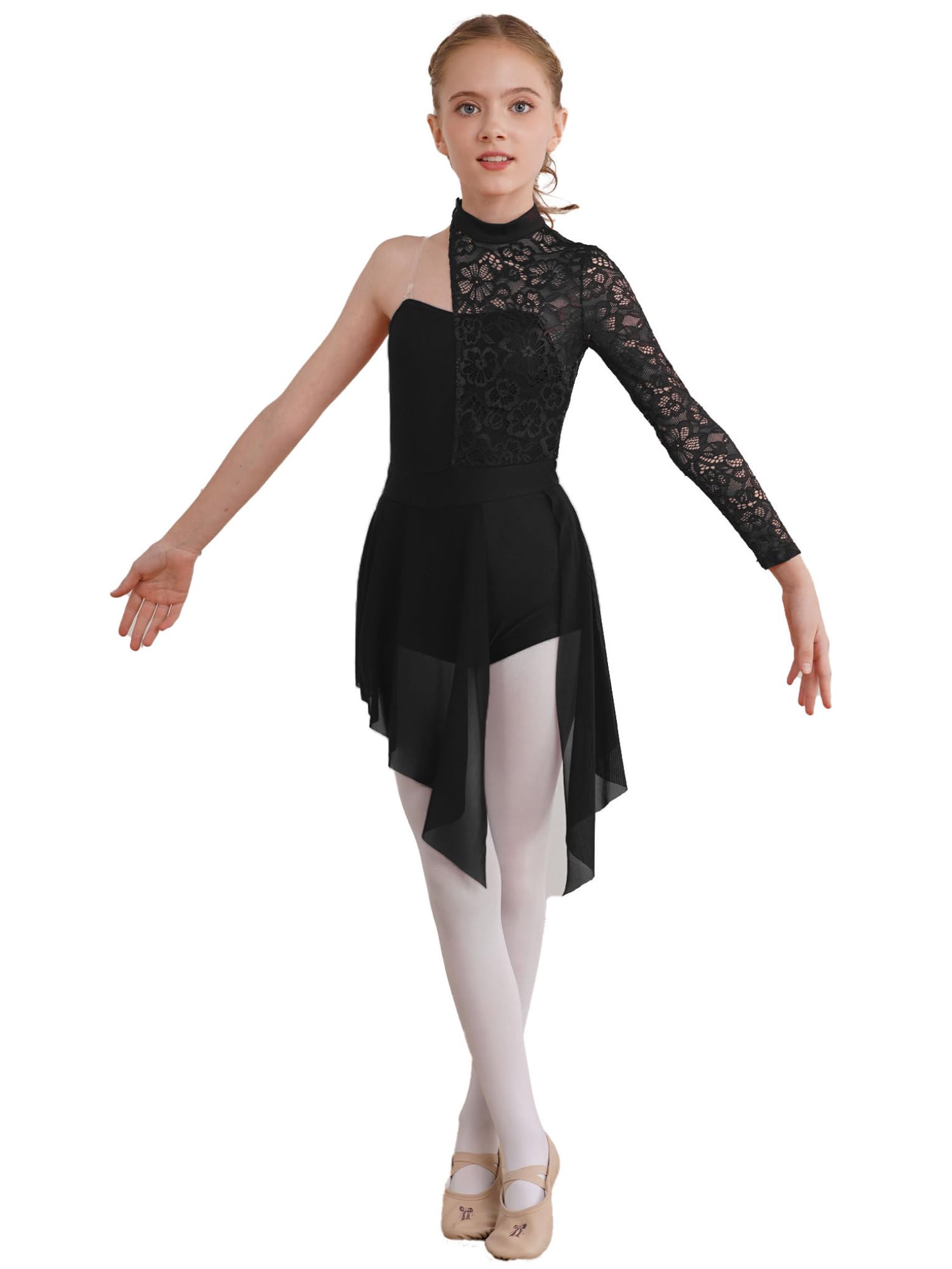 Nyeemya Vestido de Baile Latino de un Hombro para Niña Maillot de Danza Ballet Vestido Irregular de Danza Lirica Disfraz Bailarina Dancewear