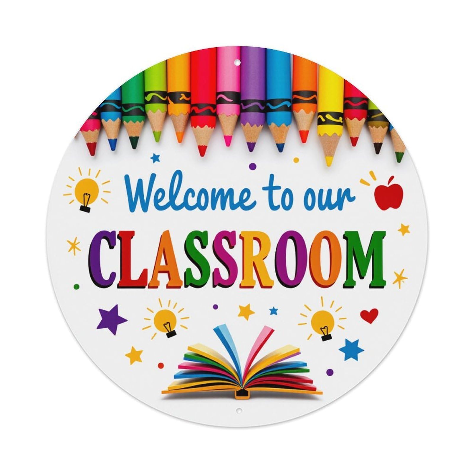 Colorful Pencils Welcome Sign Book Stars Round Tin Sign Vintage Metal Poster, Home Bar Garage Man Cave Cafe Indoor & Outdoor Wall Decoration 8x8Inches