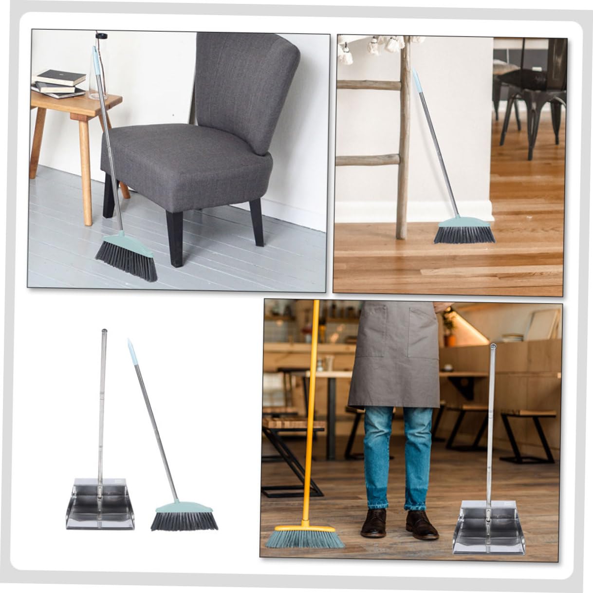 VICASKY 2 Stück Kehrset mit Langem Edelstahl Stiel Stehender Kehrschaufel und Besen Effiziente Bodenreinigung für Haushalt und Büro Modernes Design