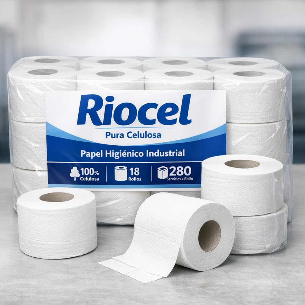 Riocel Papel Higiénico Industrial Pura Celulosa, 100% Celulosa, 18 Rollos, 280 Servicios por Rollo