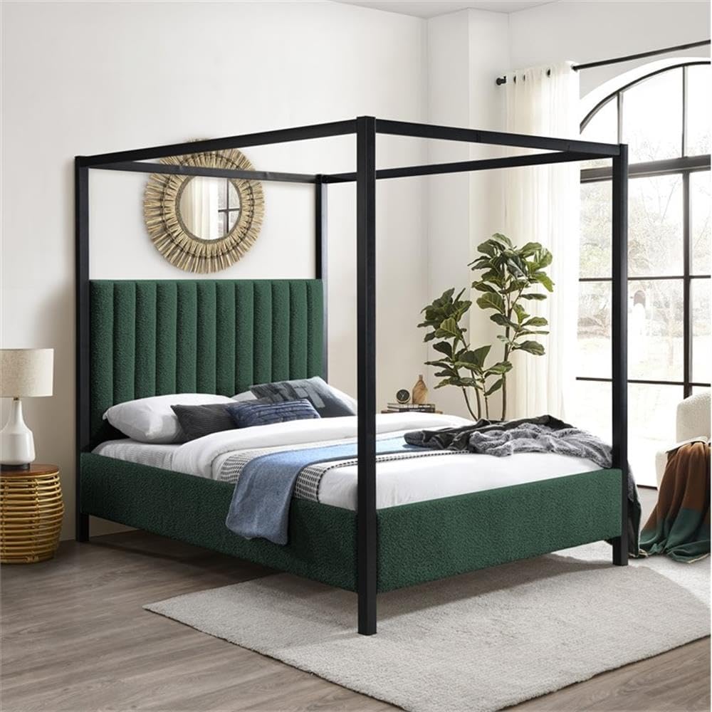 BOWERY HILL Full Bed, Green Boucle Fabric with Salt & Pepper Undertone, Matte Black Iron Metal Canopy Frame, 57" W x 80" D x 77" H, Slatted Design, Contemporary Bedroom Furniture