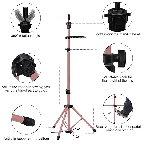 Miniatura 15 de Klvied Soporte reforzado para peluca, trípode y cabeza de maniquí, soporte ajustable para entrenamiento de peluquería cosmetología con T con gorras