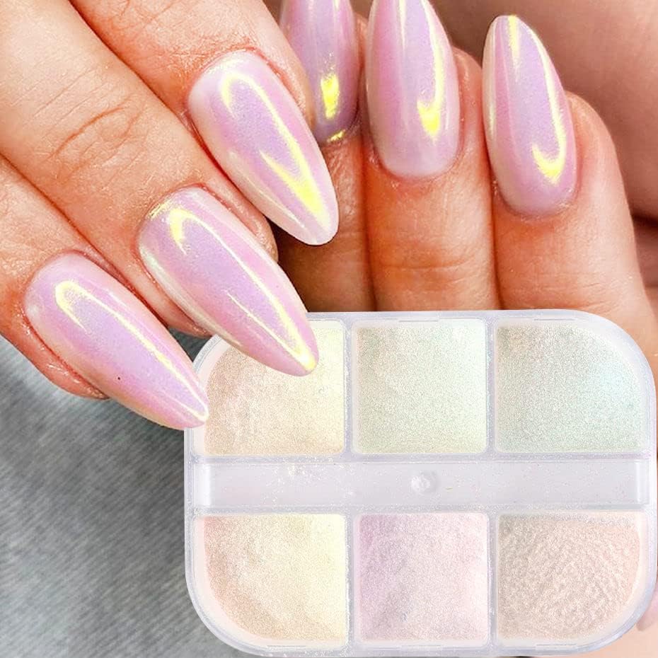 Miniatura 2 de 6 colores de espejo láser Aurora cromo polvo para uñas, polvo de uñas con purpurina de uñas, polvo de camaleón, pigmento iridiscente cromado,