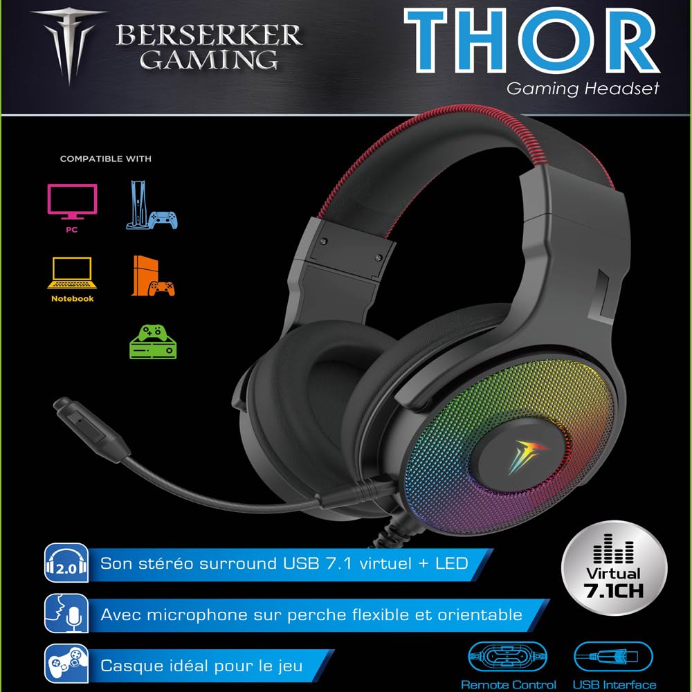 BERSERKER Casque Gaming USB 7.1, Microphone Détachable, Haut-parleurs 50 mm, Câble 2,1 m, Noir