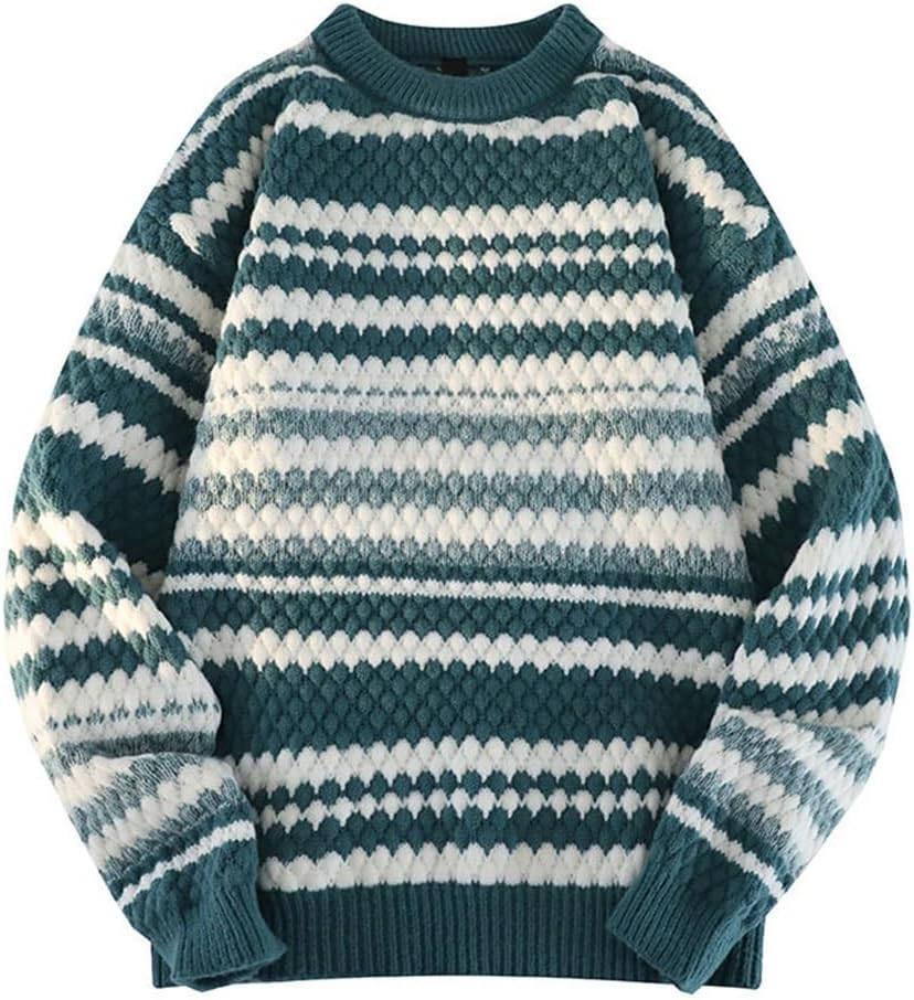 JSEIAJB Men's Autumn and Winter Loose Crew Neck Clothes Men's Trendy Thick Knit Coat Striped Sweater