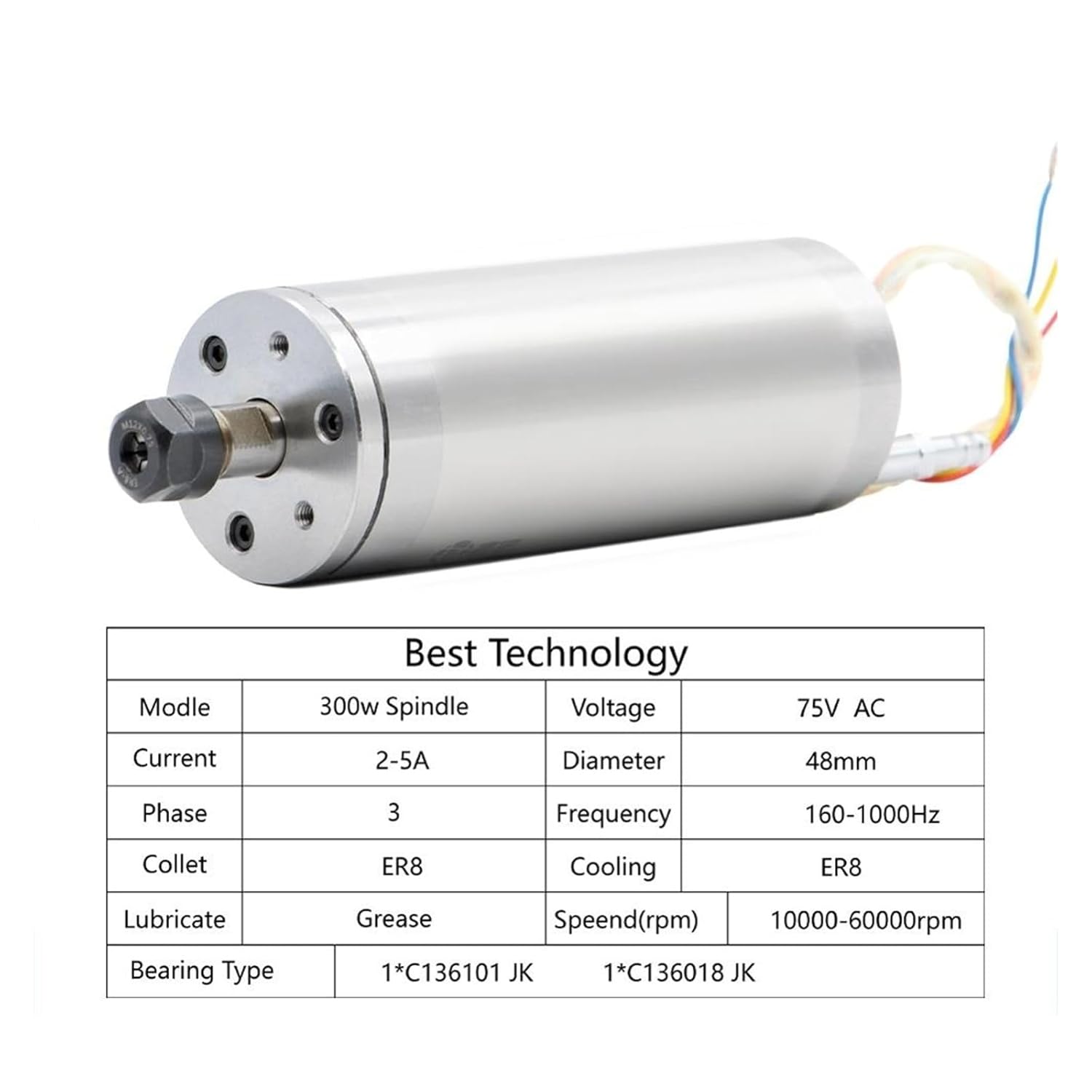 High Speed 60000rpm 300w Water Cooled Spindle Motor CNC ER8 Collet for Engraving Milling Grind 75VAC D=48mm Ceramic Bearings