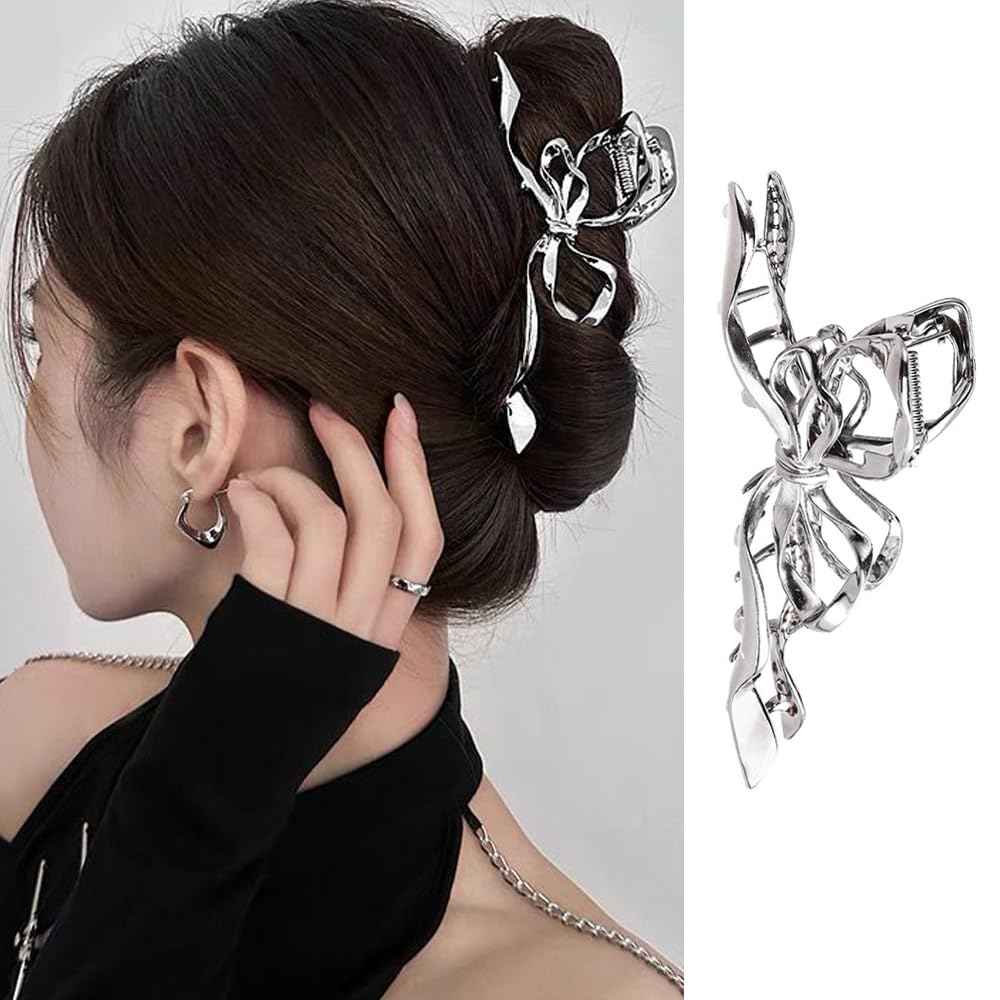 Grandi fermagli per capelli per capelli sottili, per donne e ragazze, in metallo argentato, clip per capelli spessi, 13 cm, accessori per capelli irregolari (fiocco a nastro)