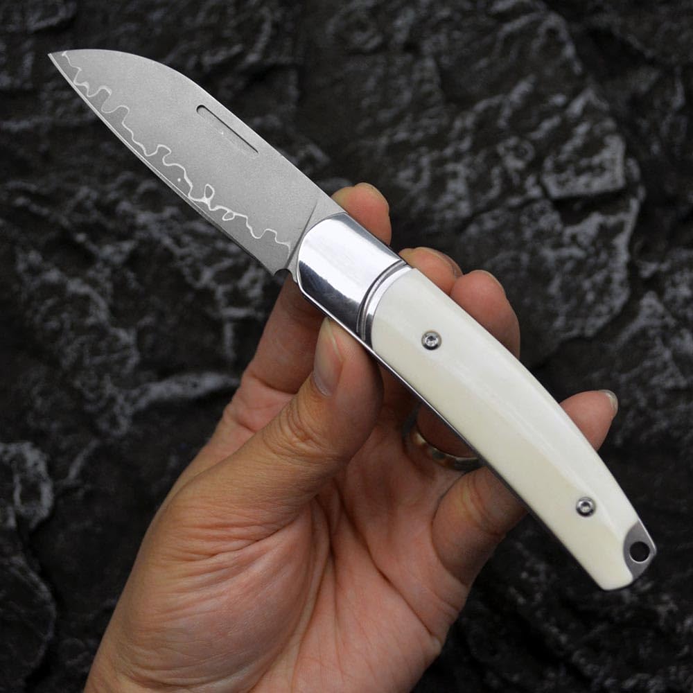 Klappmesser 6.8" Damast taschenmesser edelstahl damaststahl damaszener, klappbar edc taktisches messer scharfes tanto, Damaskus stahl messer Geschmiedet, Outdoor klein messer neck knife, Weiß Knochen