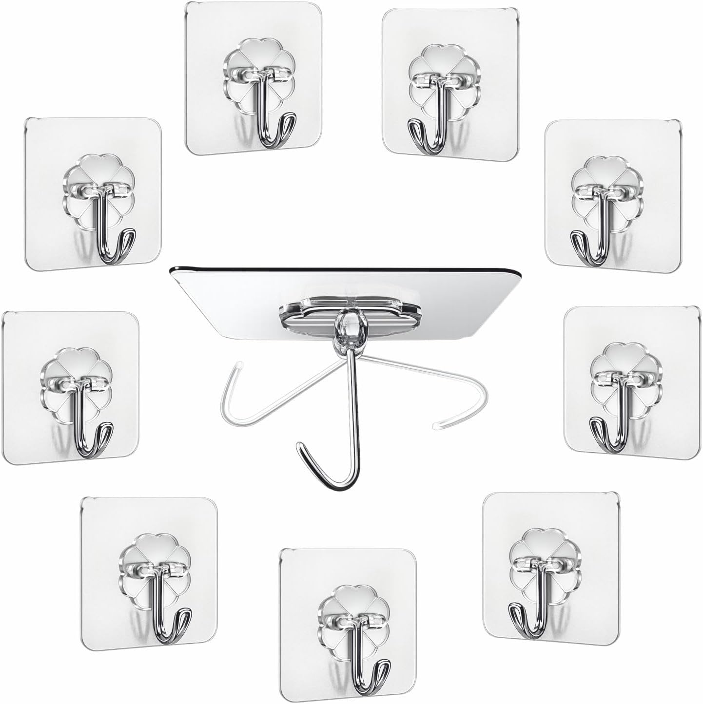 JIALTO 10 Pcs Adhesive Hooks Kitchen Wall Hooks-Heavy Duty 5 Kg (Max) Nail Free Sticky Hangers with Stainless Hooks Reusable Utility Towel Bath Ceiling Hooks