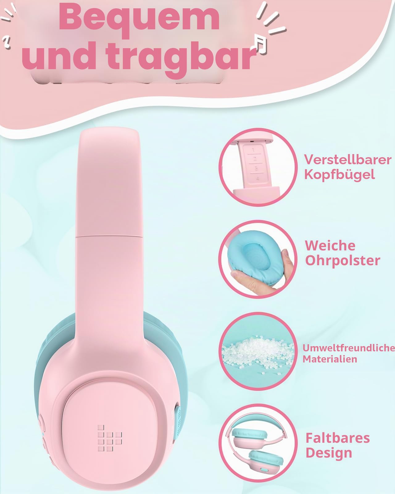 Tronsmart KH02 Bluetooth Kopfhörer Kinder Kabellos, 74/85/93 dBA Lautstärkebegrenzung, 45 Std Akku Kinderkopfhörer, Faltbare Kinder Kopfhörer Over Ear mit Mikrofon für Schule Tablet, Rosa