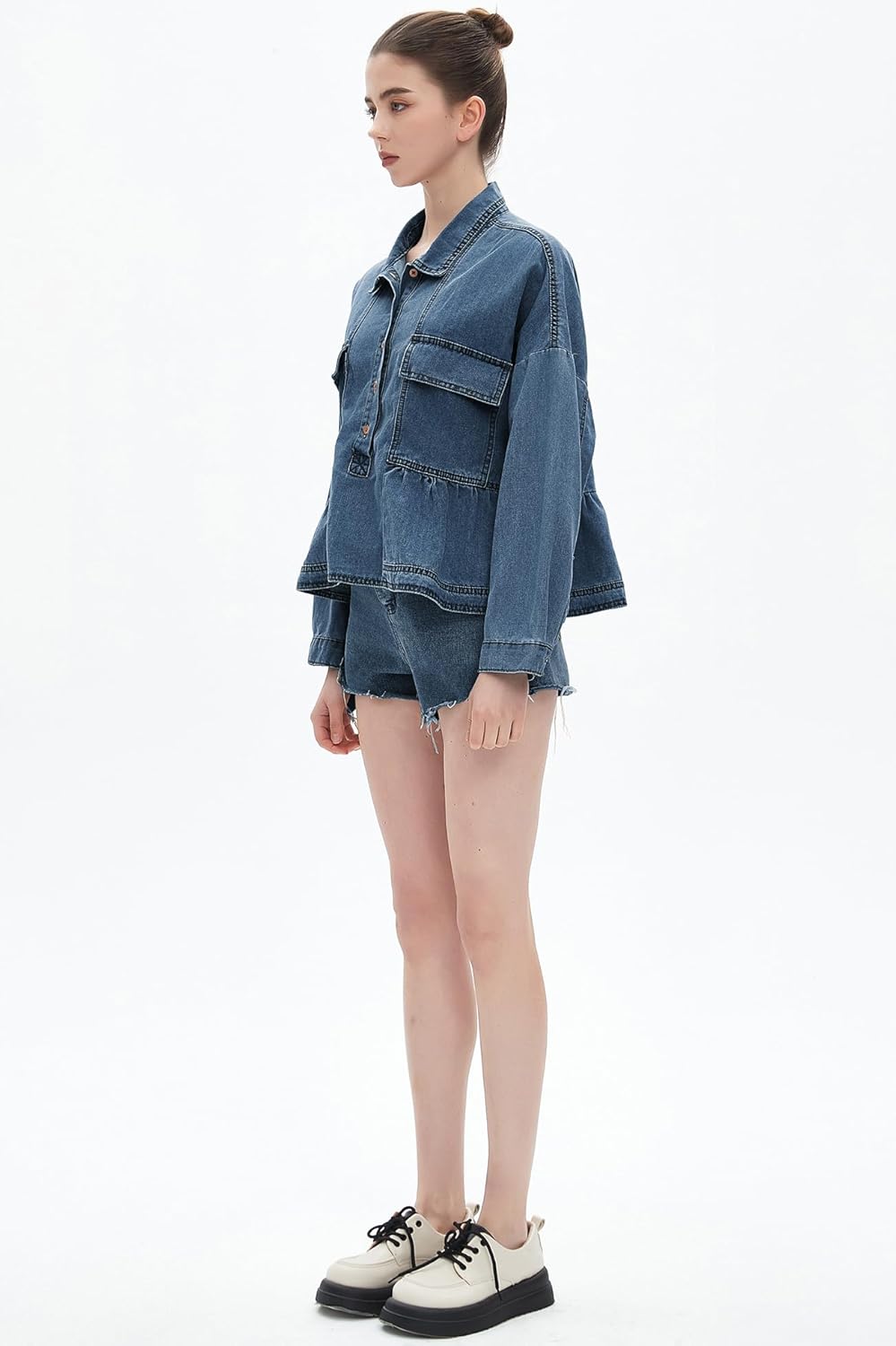 D-Sun Women's Denim Cropped Top Babydoll Long Sleeve V Neck Pullover Button Down Blouses Top - Image 5