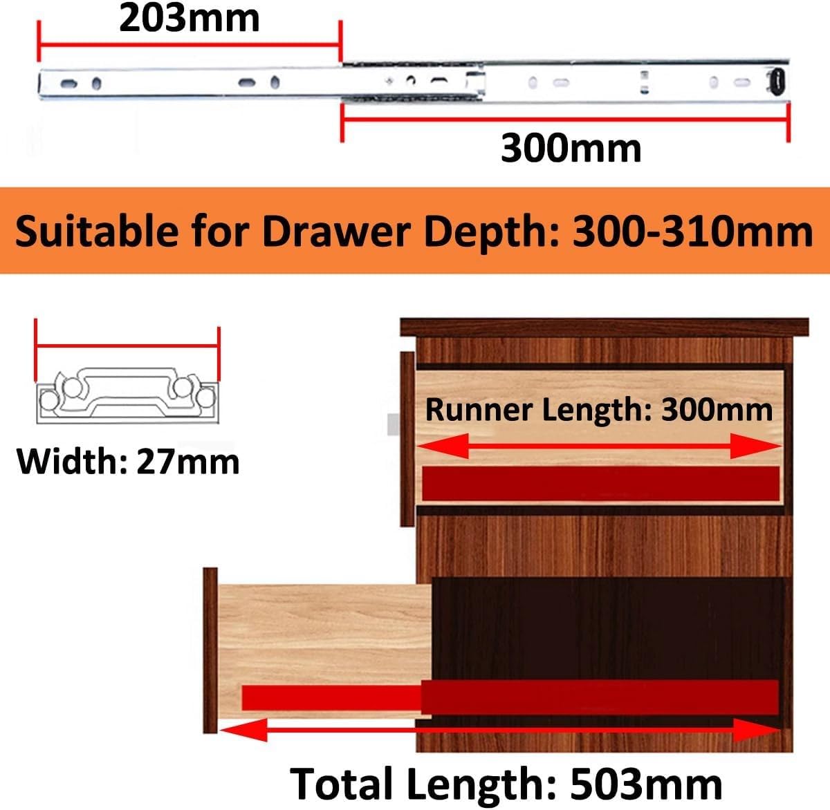 Guías telescópicas para cajones, rieles guía de extensión completa, guías de rodamiento de bolas plateadas resistentes para soluciones de almacenamiento suave, 4 pares (8 piezas), 27 mm x 450 mm