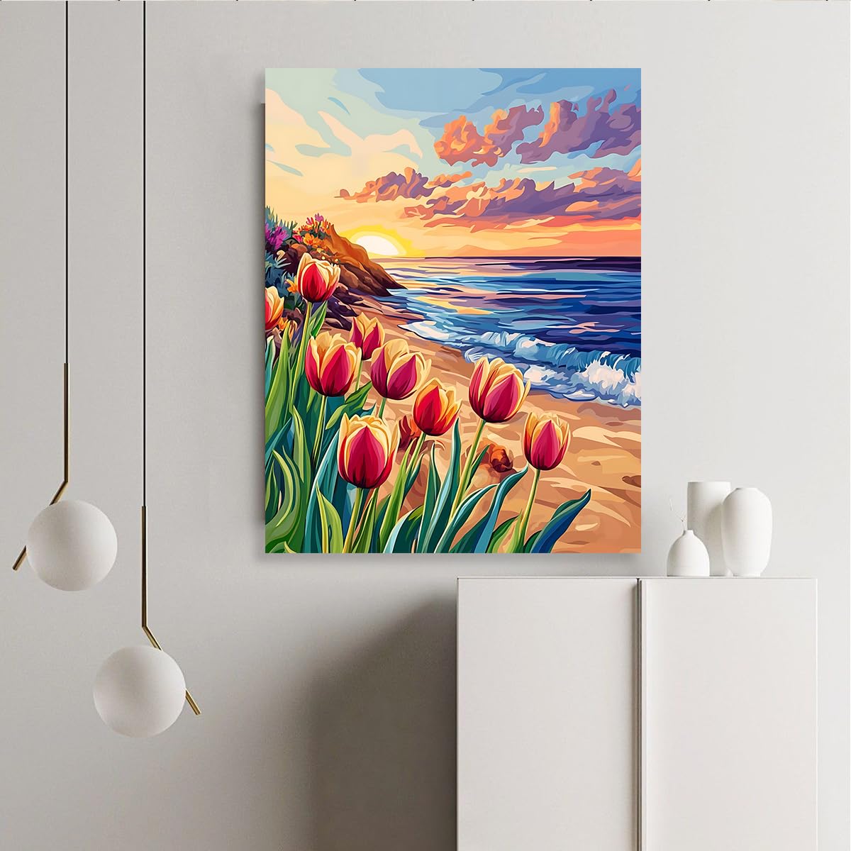 CHERHERART Affiche de peinture paysagère moderne de plage Peinture murale en toile florale orange jaune Tirages sur toile tulipes au coucher de soleil côtier pour salle à manger 85x110 cm sans cadre