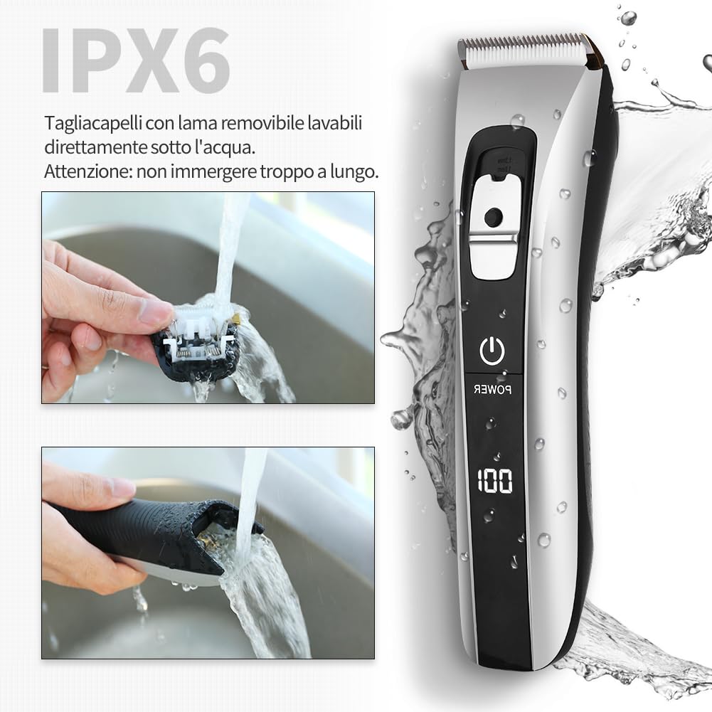 Tagliacapelli Uomo Professionale Regolabarba Elettrico Lama Regolabile Ceramica Titanio con 8 Pettine di Precisione Schermo LCD Impermeabile