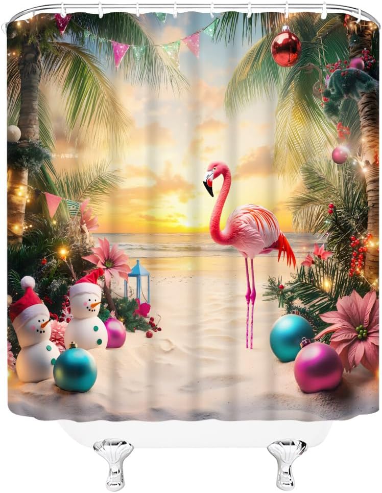 Christmas Flamingo Shower Curtain Funny Animal Tropical Beach Palm Winter Holiday Bathroom Decor Curtains Set with Hooks, 70" W x 86" H
