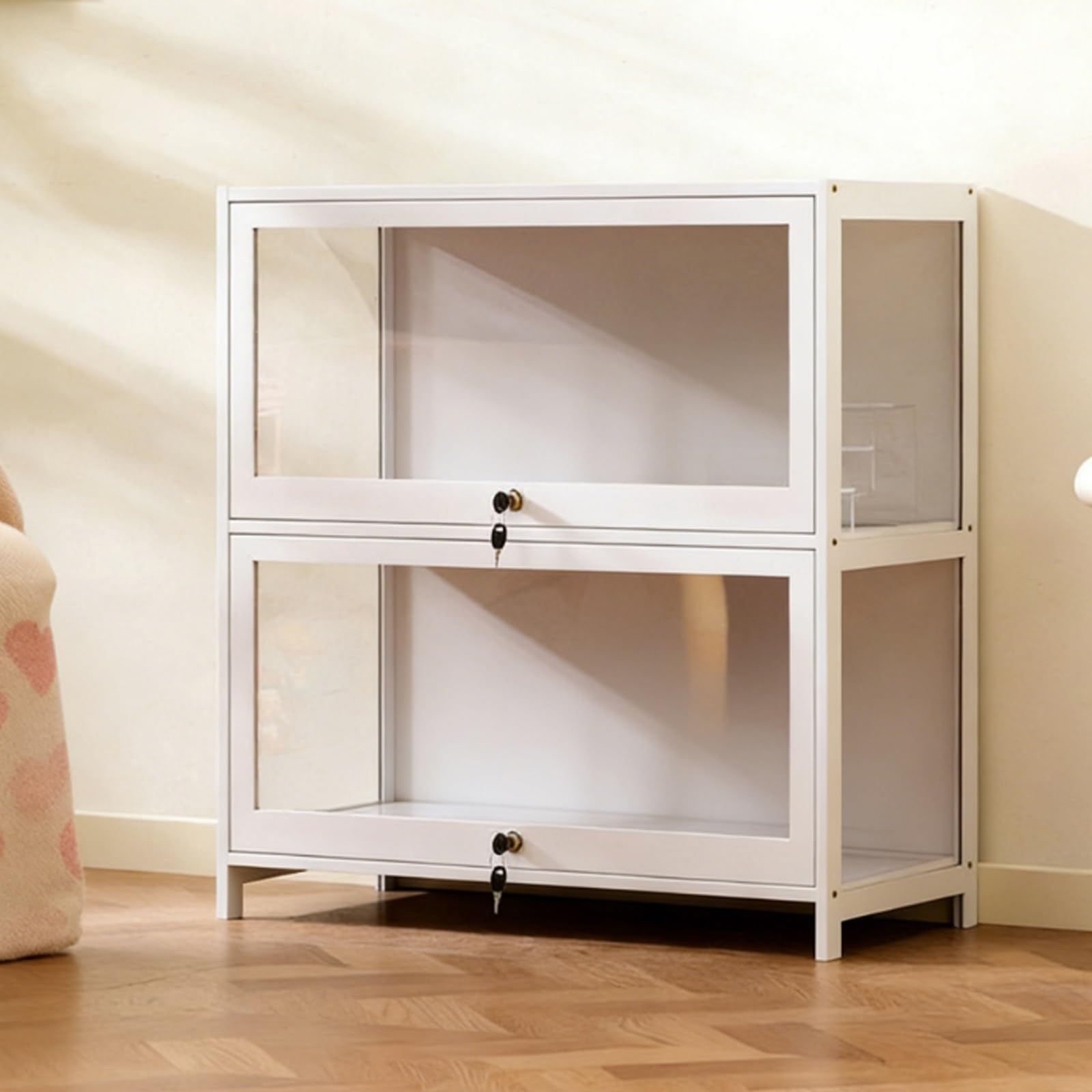 Stylowa wielopoziomowa witryna z zamykanymi drzwiami akrylowymi - bezpieczne przechowywanie do salonu, sypialni i gabinetu - nowoczesny design z klapką i eleganckie rozwiązanie regałowe