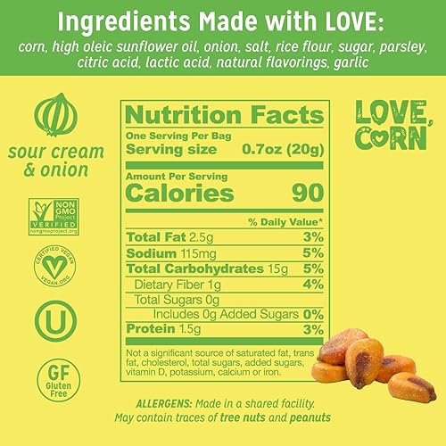 Miniatura 2 de LOVE CORN Crema agria y cebolla de 0.7 onzas x 20 bolsas  Delicioso maíz crujiente  Snacks familiares saludables  Sin gluten, kosher, sin OGM